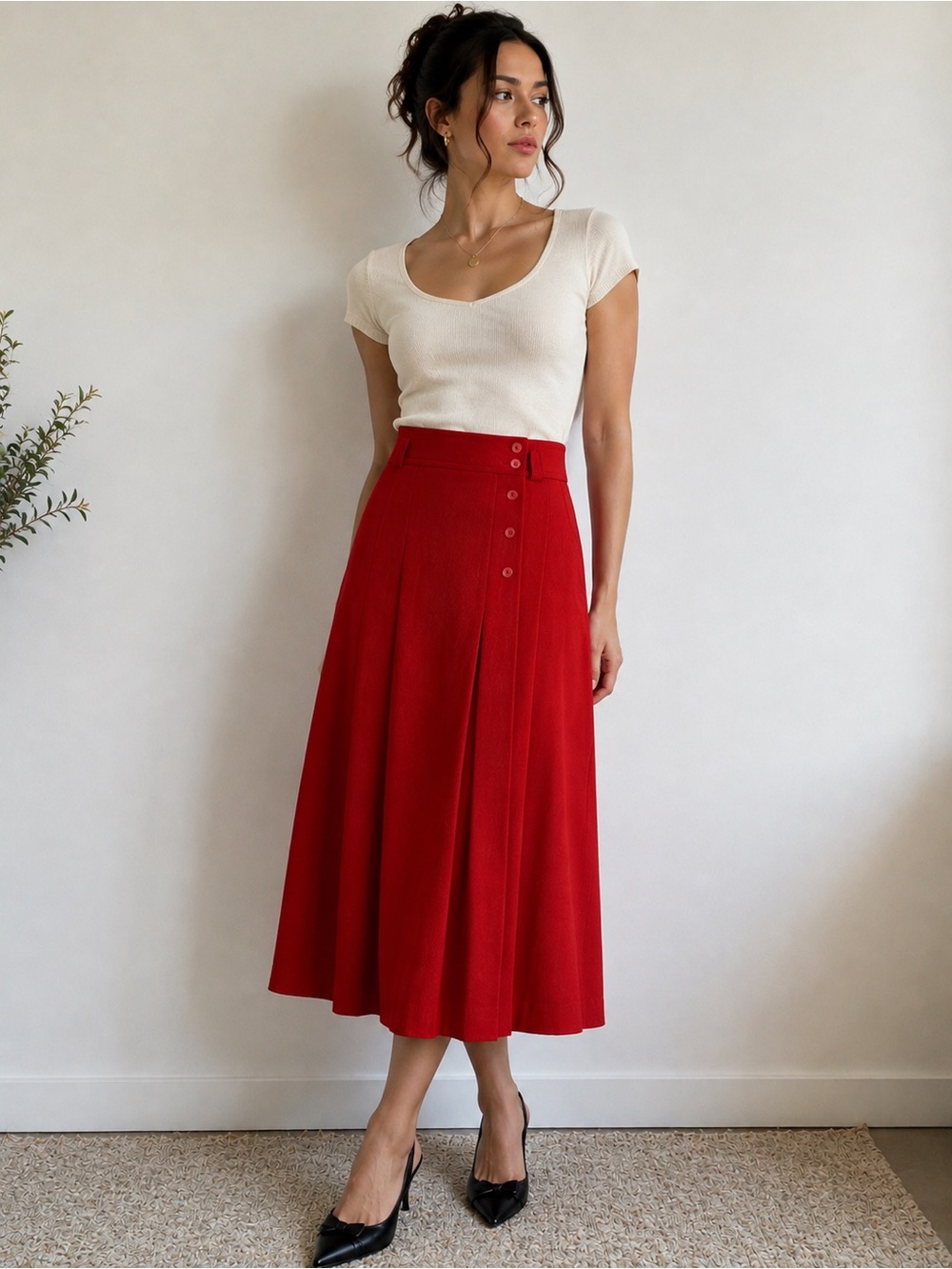 Vintage Mondi West Germany Red Wool Blend Pleated Midi Skirt